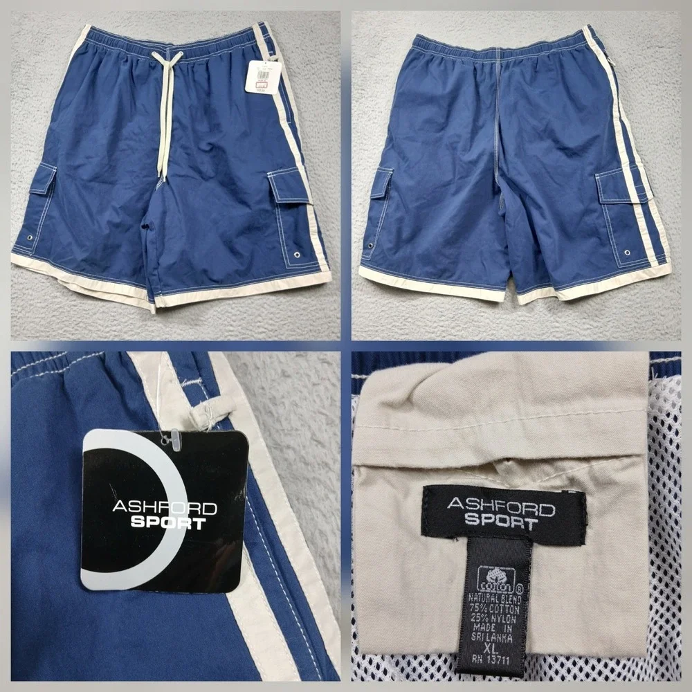 Ashford Sport Board Shorts Mens XL Blue Cream Cargo Side Stripe Cotton Blend NWT